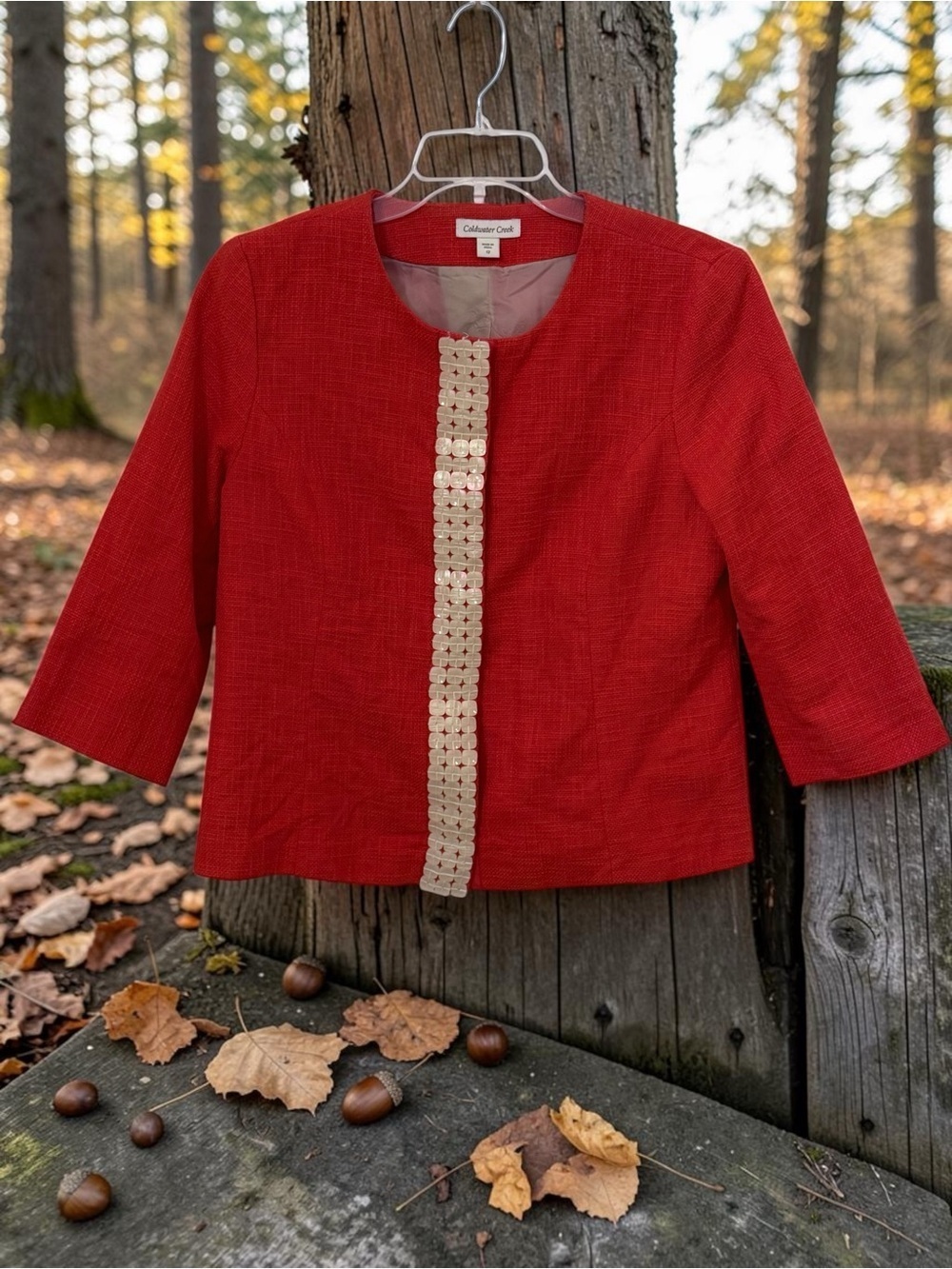 Coldwater Creek Orange Cropped Jacket with Mother of Pearl Decorative Trim